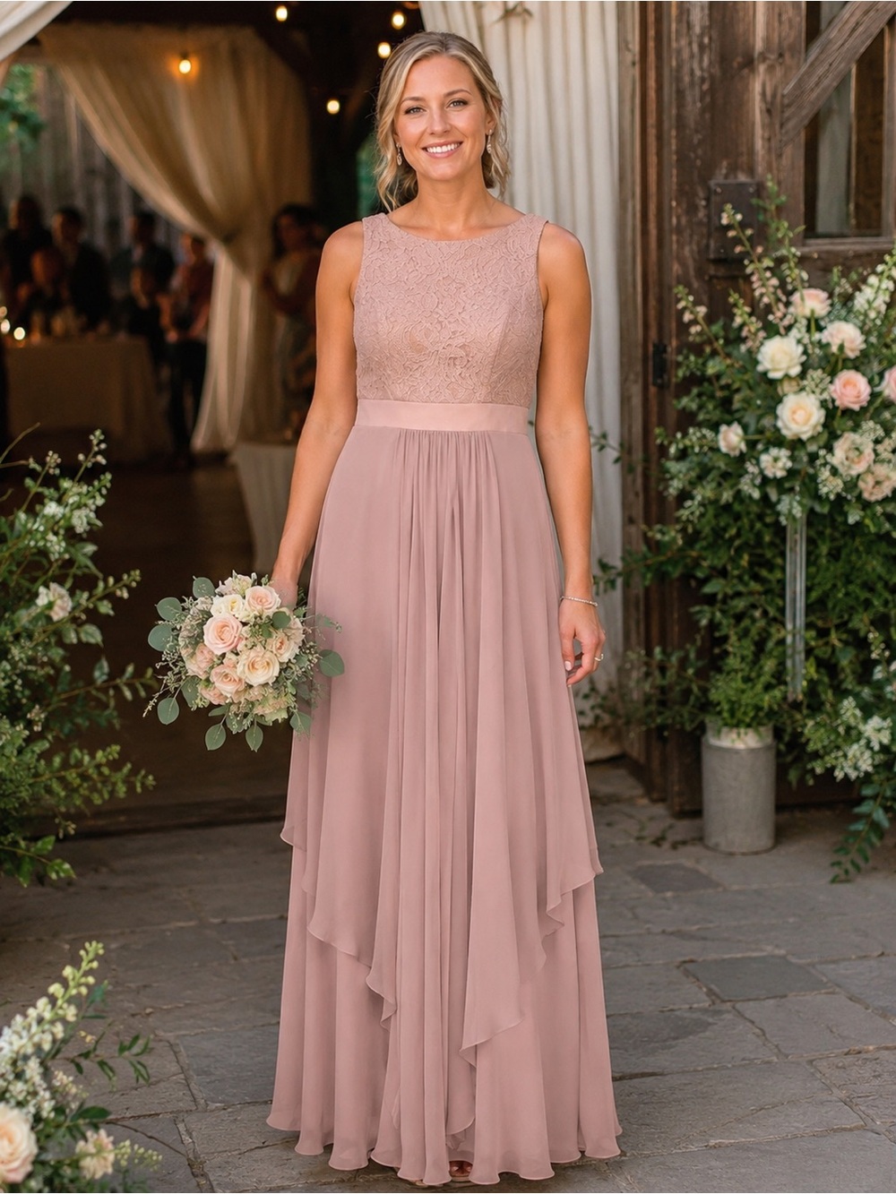 Eliza J Nude Taupe Lace Bodice High-Low Chiffon Dress